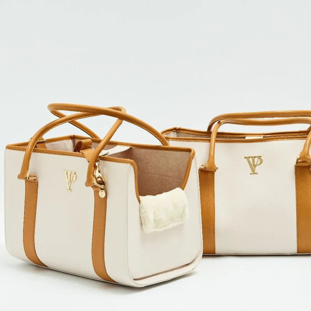 Ivory and Gold Leather Luxury Dog Carrier, Dog Bag, Dog tote for small dogs